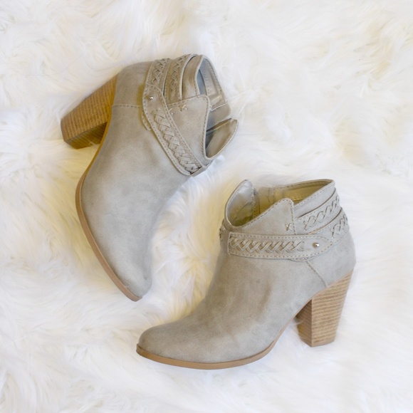 Gray Faux Nubuck Braided Stacked Heel Booties 7 - Picture 2 of 5